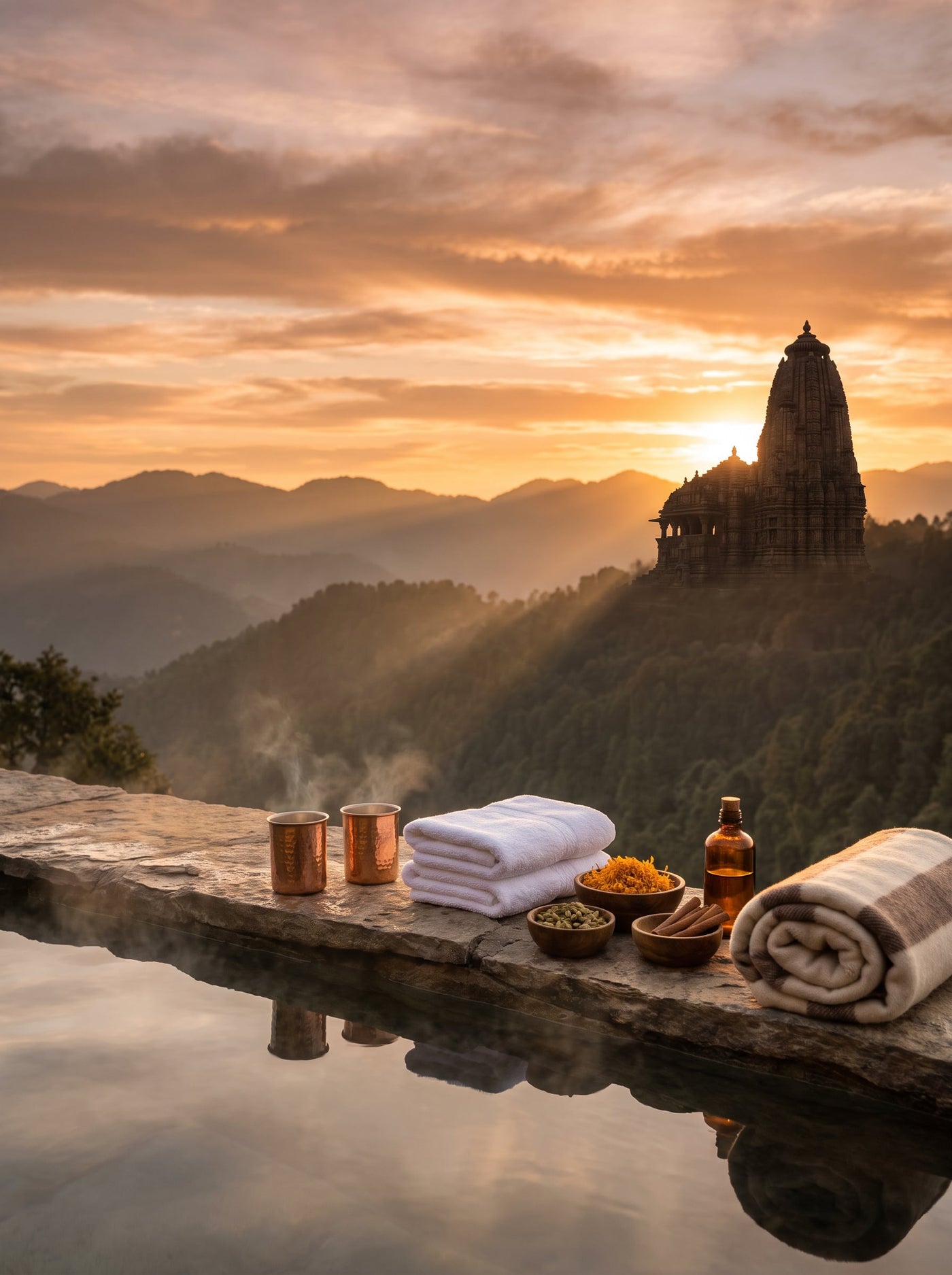 Bassin au coucher du soleil avec temple ayurvédique en arrière-plan