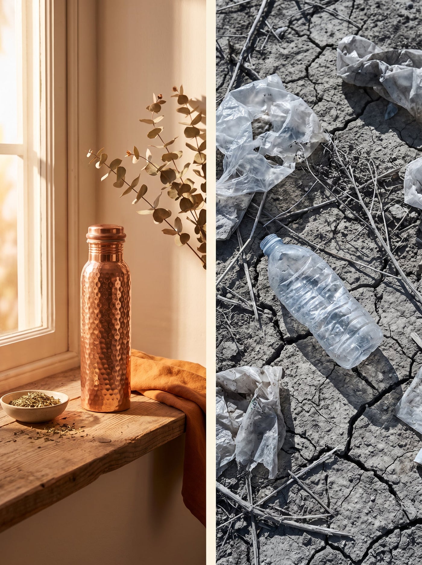 Comparaison gourde en cuivre et bouteille en plastique sur une même photo
